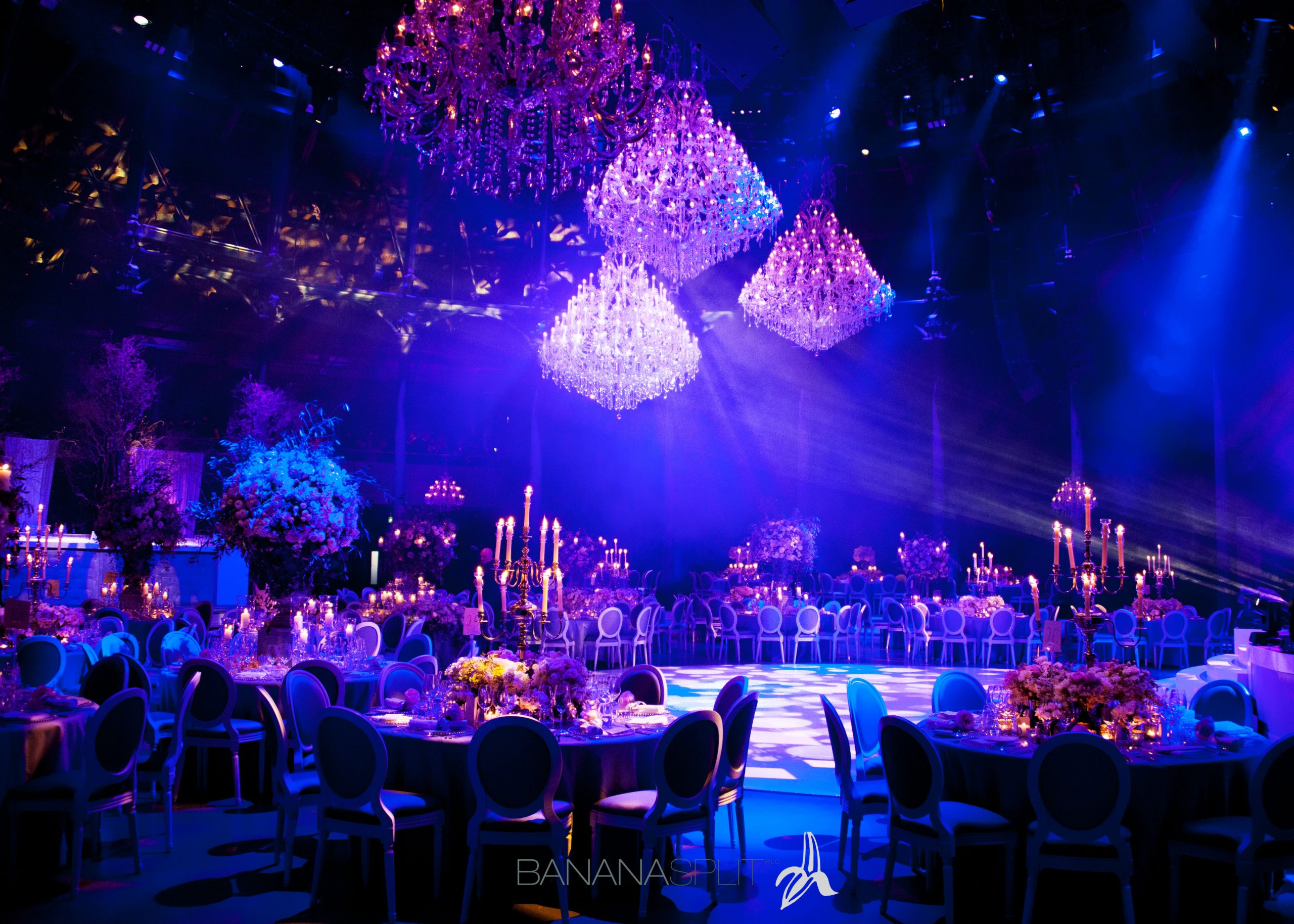 A room filled with crystal chandeliers at the Roundhouse, London.