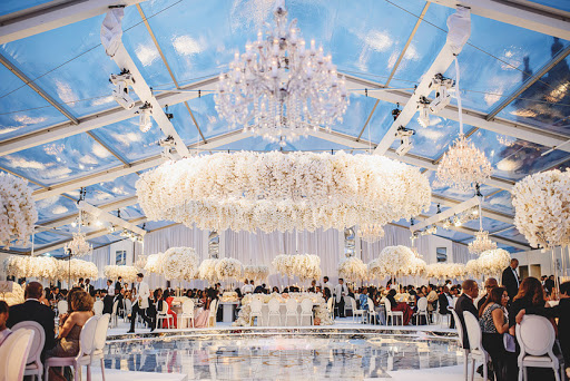 Crystal chandeliers at a white wedding, Blenheim Palace.
